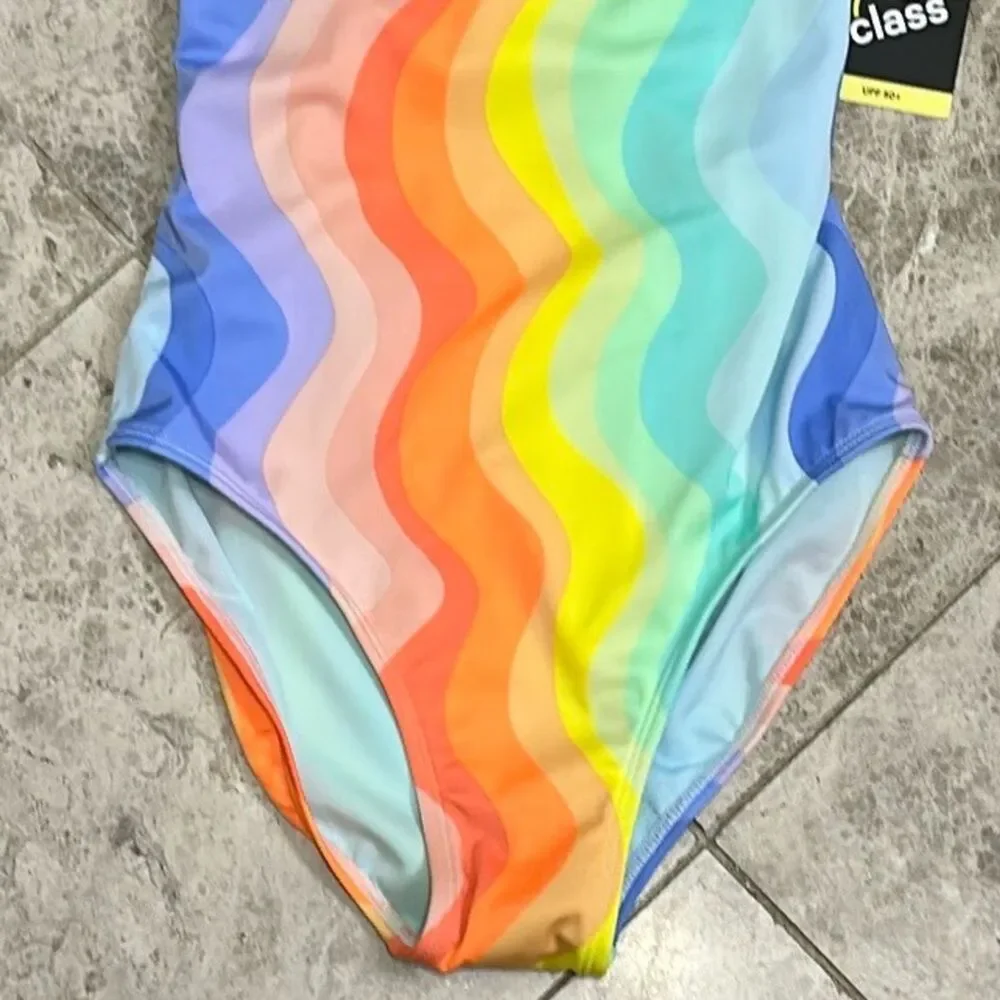 Art Class Target Girls Striped Wavy Fun One Piece Swimsuit NEW Size XL